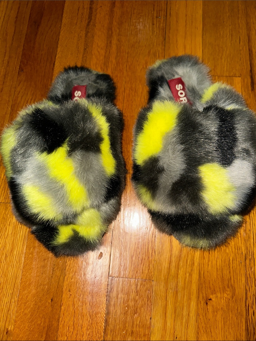 Sorel Kids Yellow, Gray & Black Faux Fur Slide Slippers